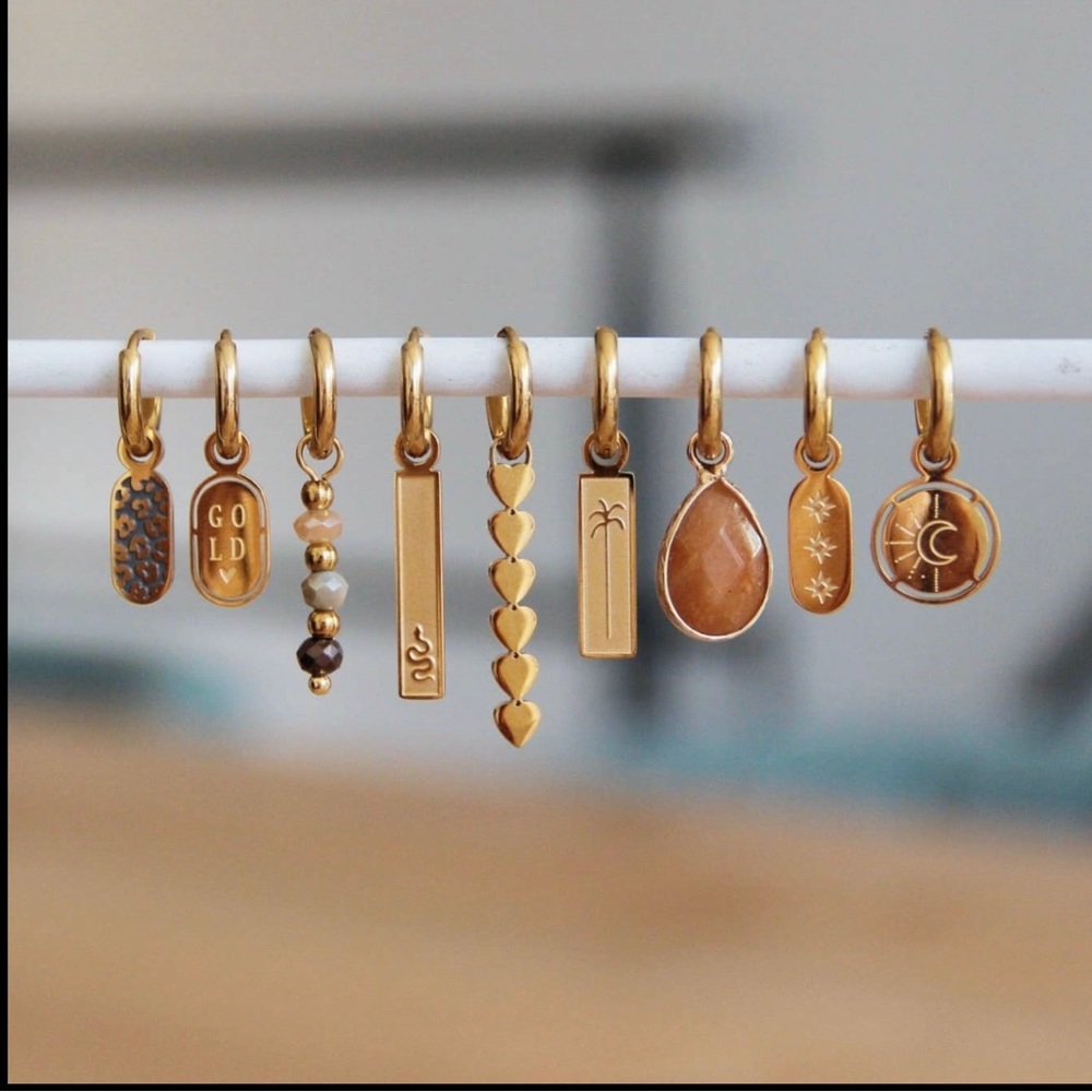 Steel Hoop Earrings with Elaborated Heart Tags - Gold